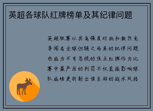 英超各球队红牌榜单及其纪律问题