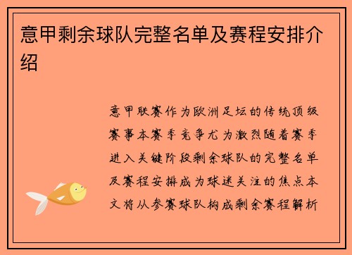 意甲剩余球队完整名单及赛程安排介绍