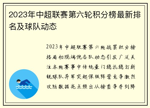 2023年中超联赛第六轮积分榜最新排名及球队动态