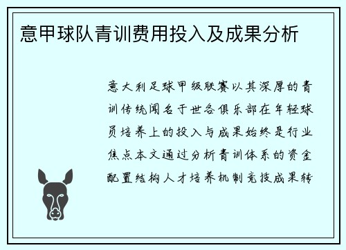 意甲球队青训费用投入及成果分析